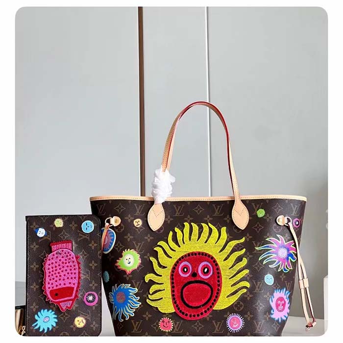 Louis Vuitton LV Unisex LV x YK Neverfull MM Monogram Coated Canvas Faces Print Embroidery Tote
