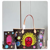 Louis Vuitton LV Unisex LV x YK Neverfull MM Monogram Coated Canvas Faces Print Embroidery Tote