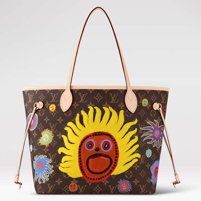 Louis Vuitton LV Unisex LV x YK Neverfull MM Monogram Coated Canvas Faces Print Embroidery Tote