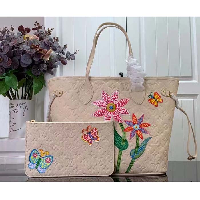 Louis Vuitton LV Unisex LV x YK Neverfull MM Quartz Embossed Grained Monogram Empreinte Cowhide Leather Tote