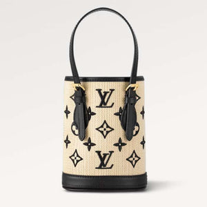 Louis Vuitton LV Unisex Nano Bucket Black Lotus Cotton Cowhide Leather Handbag