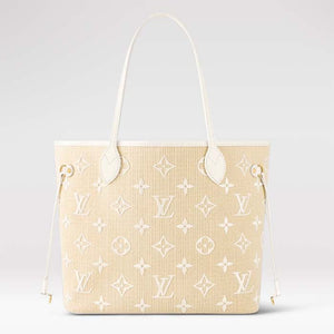 Louis Vuitton LV Unisex Neverfull MM Beige Lotus Cotton Cowhide Leather Tote