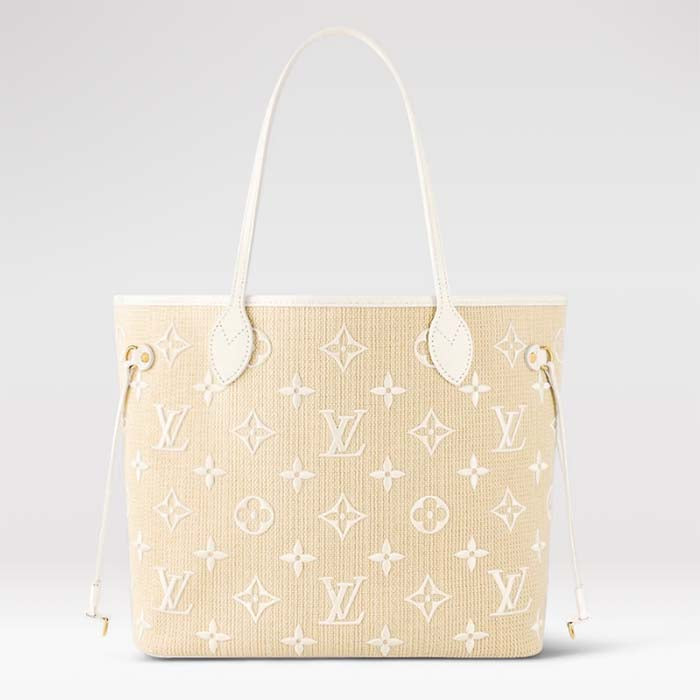 Louis Vuitton LV Unisex Neverfull MM Beige Lotus Cotton Cowhide Leather Tote