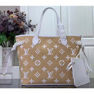 Louis Vuitton LV Unisex Neverfull MM Beige Lotus Cotton Cowhide Leather Tote