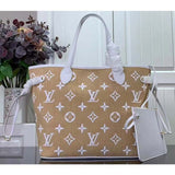 Louis Vuitton LV Unisex Neverfull MM Beige Lotus Cotton Cowhide Leather Tote