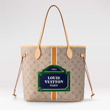 Louis Vuitton LV Unisex Neverfull MM Beige Ocher Monopaname Coated Canvas Cowhide Leather Tote