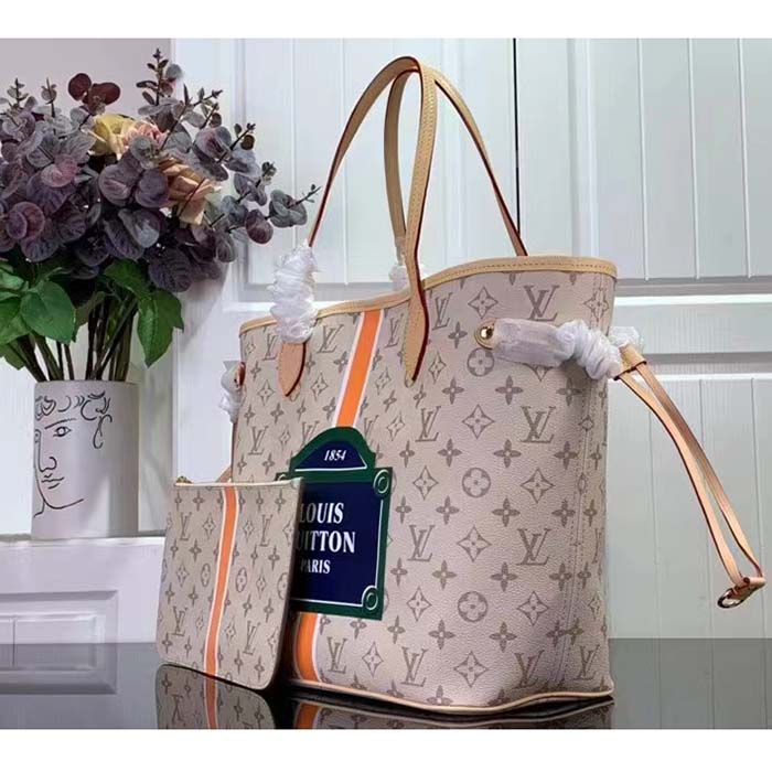 Louis Vuitton LV Unisex Neverfull MM Beige Ocher Monopaname Coated Canvas Cowhide Leather Tote