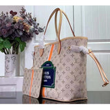 Louis Vuitton LV Unisex Neverfull MM Beige Ocher Monopaname Coated Canvas Cowhide Leather Tote