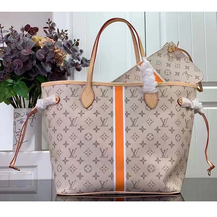 Louis Vuitton LV Unisex Neverfull MM Beige Ocher Monopaname Coated Canvas Cowhide Leather Tote