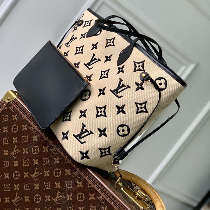 Louis Vuitton LV Unisex Neverfull MM Black Lotus Cotton Cowhide Leather Tote