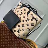 Louis Vuitton LV Unisex Neverfull MM Black Lotus Cotton Cowhide Leather Tote