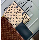 Louis Vuitton LV Unisex Neverfull MM Black Lotus Cotton Cowhide Leather Tote