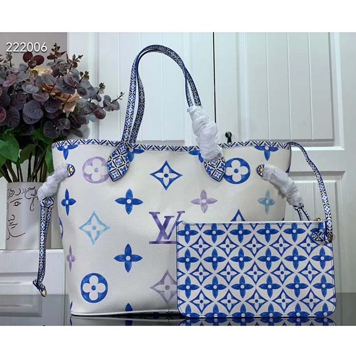 Louis Vuitton LV Unisex Neverfull MM Blue Monogram Coated Canvas Textile Lining Tote