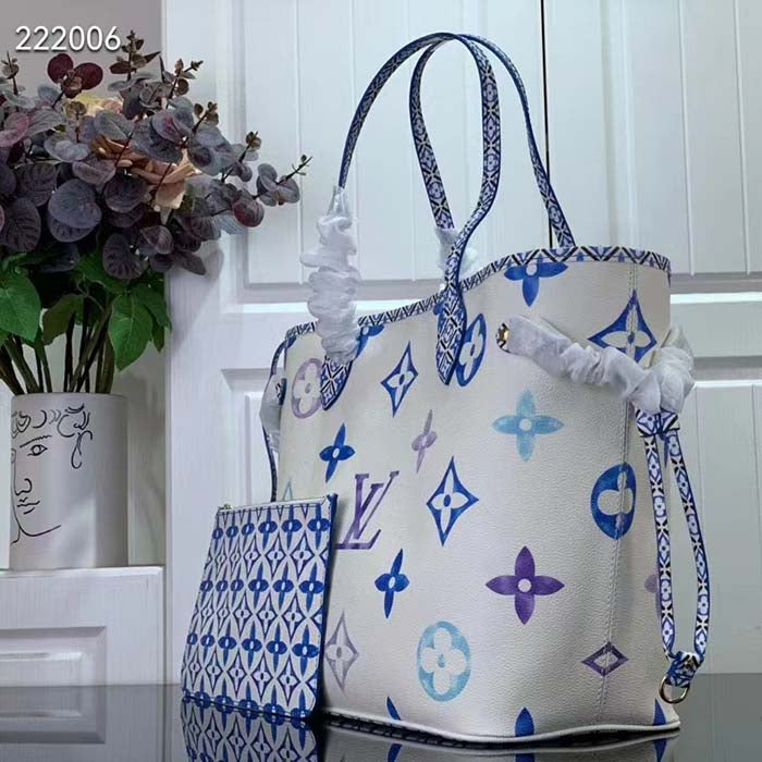 Louis Vuitton LV Unisex Neverfull MM Blue Monogram Coated Canvas Textile Lining Tote