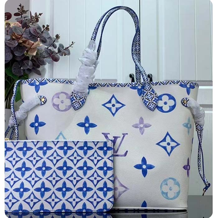 Louis Vuitton LV Unisex Neverfull MM Blue Monogram Coated Canvas Textile Lining Tote