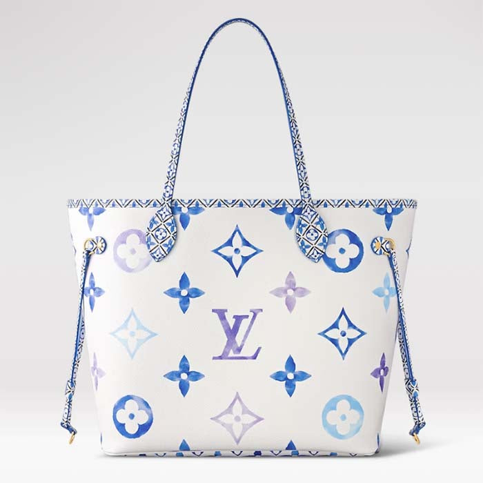 Louis Vuitton LV Unisex Neverfull MM Blue Monogram Coated Canvas Textile Lining Tote