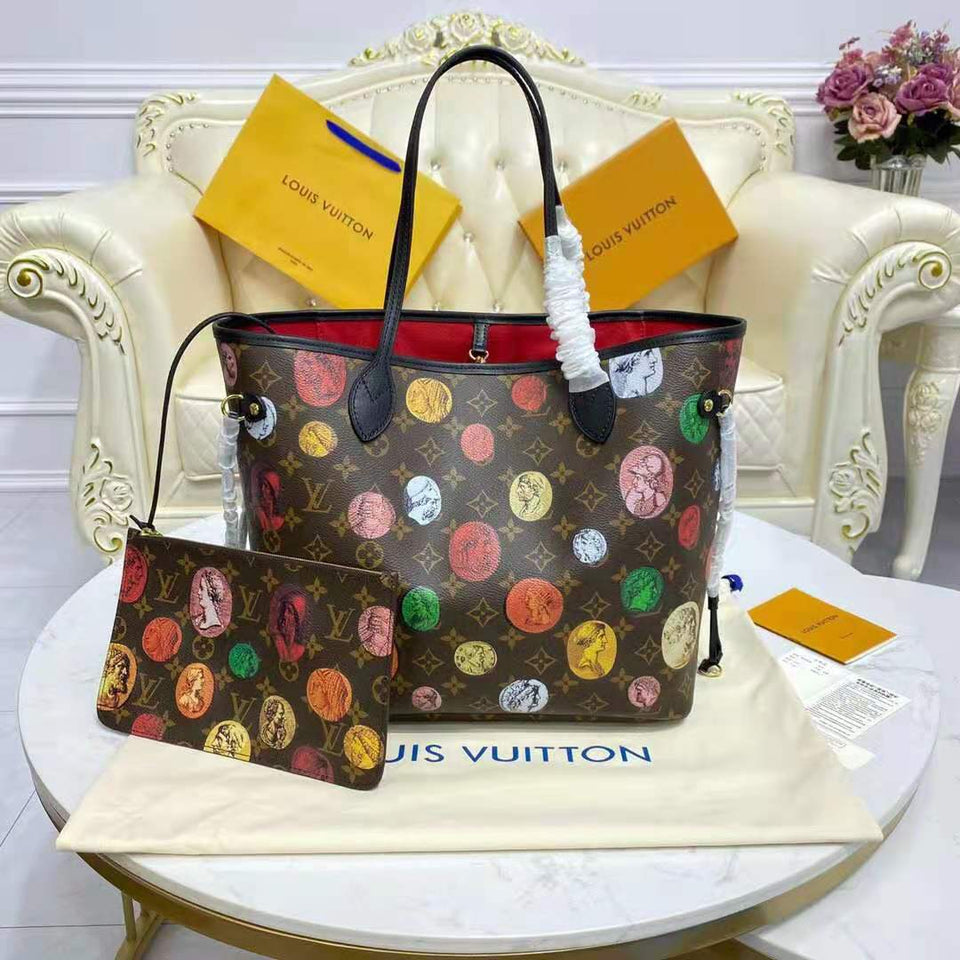 Louis Vuitton LV Unisex Neverfull MM Tote Monogram Cameo Printed Canvas Cowhide Leather