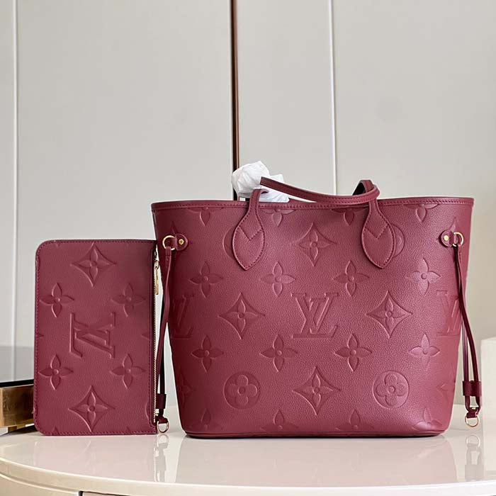 Louis Vuitton LV Unisex Neverfull MM Wine Red Monogram Empreinte Embossed Grained Cowhide Leather Tote