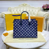 Louis Vuitton LV Unisex Onthego MM Tote Navy Blue Jacquard Textile Calf