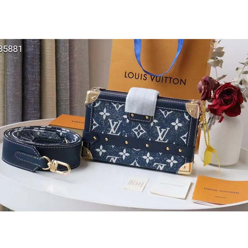 Louis Vuitton LV Unisex Petite Malle Box Handbag Blue Monogram Canvas