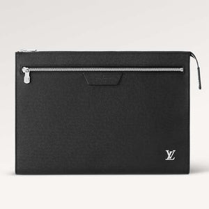 Louis Vuitton LV Unisex Pochette 24H Black Taiga Cowhide Leather Zip Closure Clutch