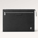 Louis Vuitton LV Unisex Pochette 24H Black Taiga Cowhide Leather Zip Closure Clutch