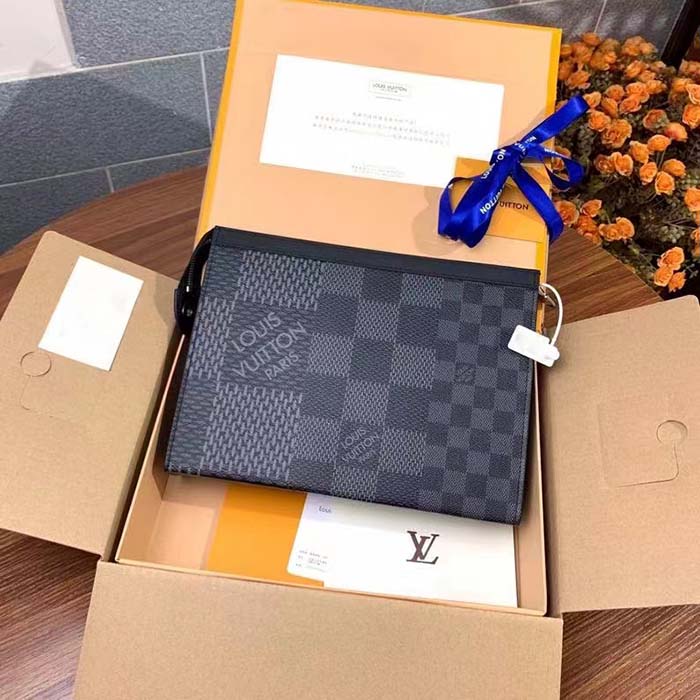 Louis Vuitton LV Unisex Pochette Voyage Gray Damier Graphite 3D Coated Canvas Black Cowhide Leather Clutch