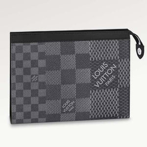 Louis Vuitton LV Unisex Pochette Voyage Gray Damier Graphite 3D Coated Canvas Black Cowhide Leather Clutch