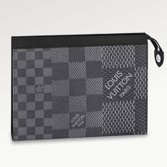 Louis Vuitton LV Unisex Pochette Voyage Gray Damier Graphite 3D Coated Canvas Black Cowhide Leather Clutch