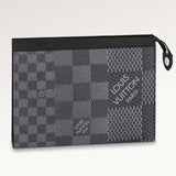 Louis Vuitton LV Unisex Pochette Voyage Gray Damier Graphite 3D Coated Canvas Black Cowhide Leather Clutch