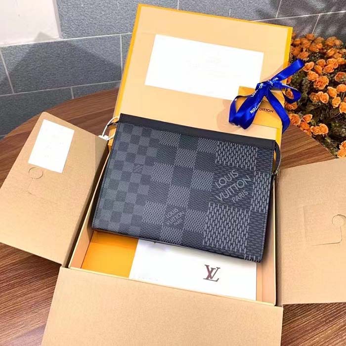 Louis Vuitton LV Unisex Pochette Voyage Gray Damier Graphite 3D Coated Canvas Black Cowhide Leather Clutch