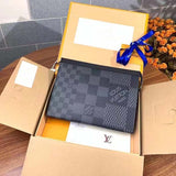 Louis Vuitton LV Unisex Pochette Voyage Gray Damier Graphite 3D Coated Canvas Black Cowhide Leather Clutch