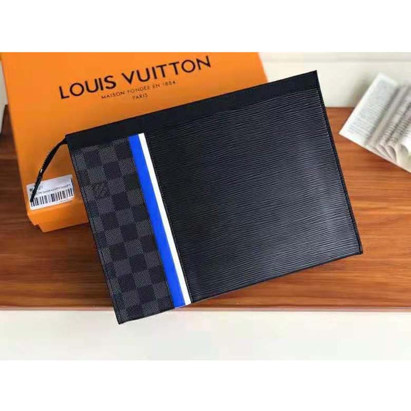 Louis Vuitton LV Unisex Pochette Voyage MM Black Epi Leather Damier Graphite Canvas Clutch