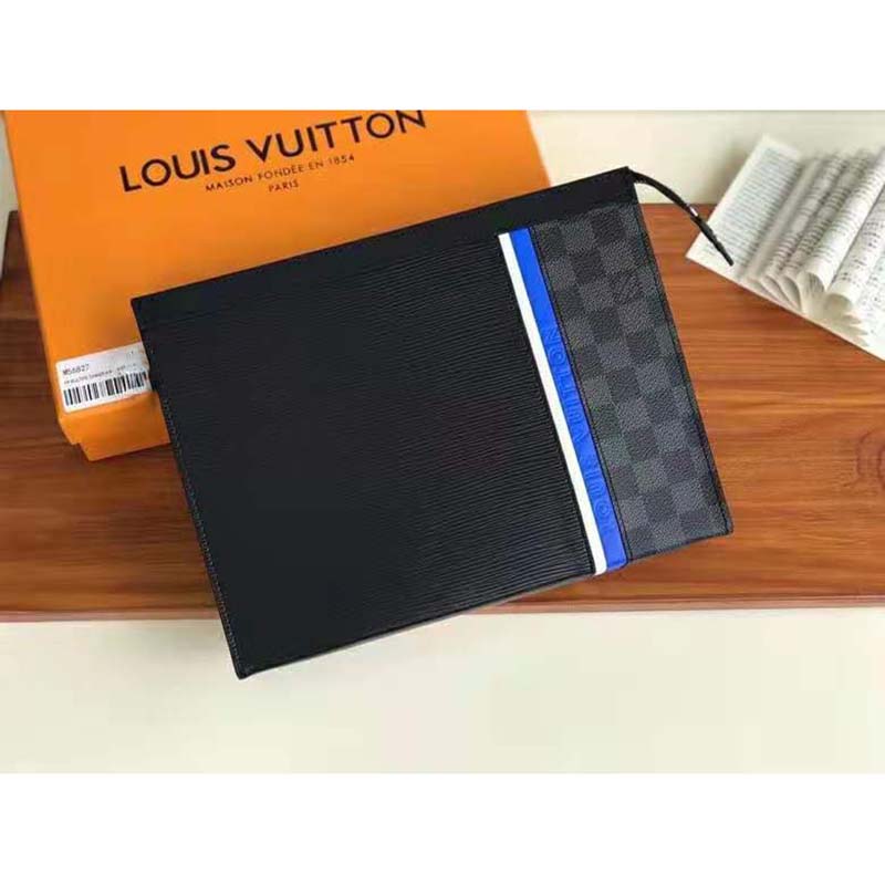 Louis Vuitton LV Unisex Pochette Voyage MM Black Epi Leather Damier Graphite Canvas Clutch