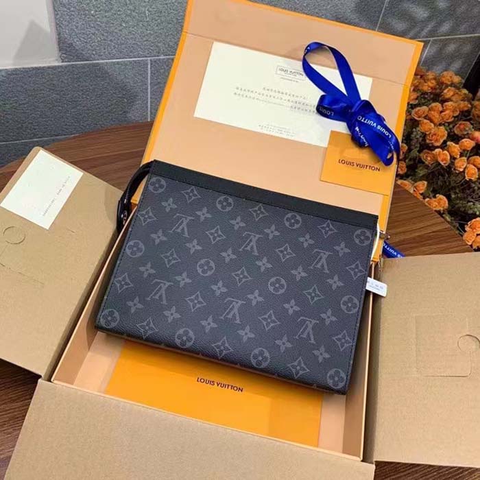 Louis Vuitton LV Unisex Pochette Voyage MM Black Grey Monogram Eclipse Canvas Clutch