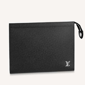 Louis Vuitton LV Unisex Pochette Voyage MM Black Taiga Cowhide Leather Clutch