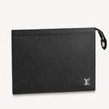 Louis Vuitton LV Unisex Pochette Voyage MM Black Taiga Cowhide Leather Clutch