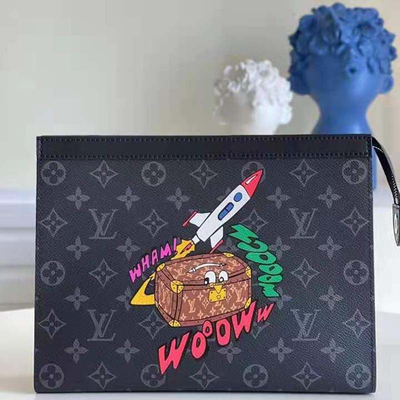 Louis Vuitton LV Unisex Pochette Voyage MM Monogram Eclipse Coated Canvas Clutch