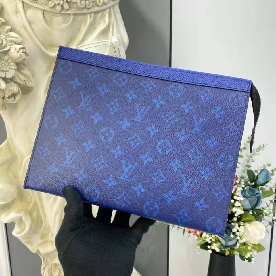 Louis Vuitton LV Unisex Pochette Voyage MM Taiga Cowhide Leather Monogram Eclipse Coated Canvas Clutch