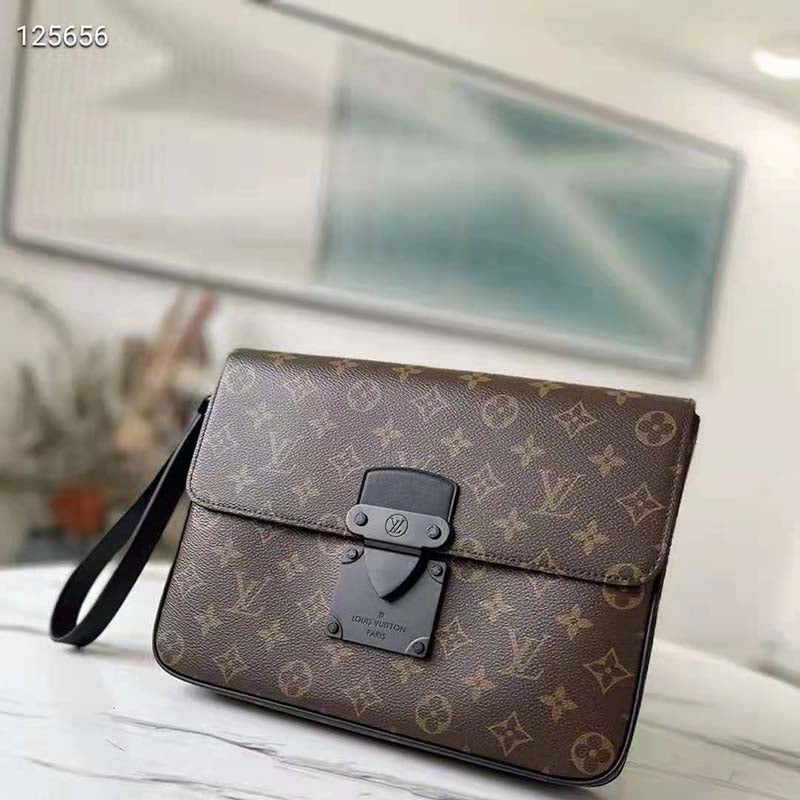 Louis Vuitton LV Unisex S Lock A4 Pouch Monogram Macassar Coated Canvas Epi Leather Clutch
