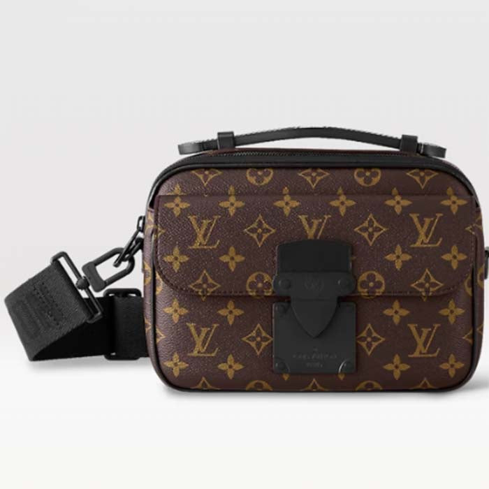 Louis Vuitton LV Unisex S Lock Messenger Black Monogram Macassar Coated Canvas Epi Leather Handbag