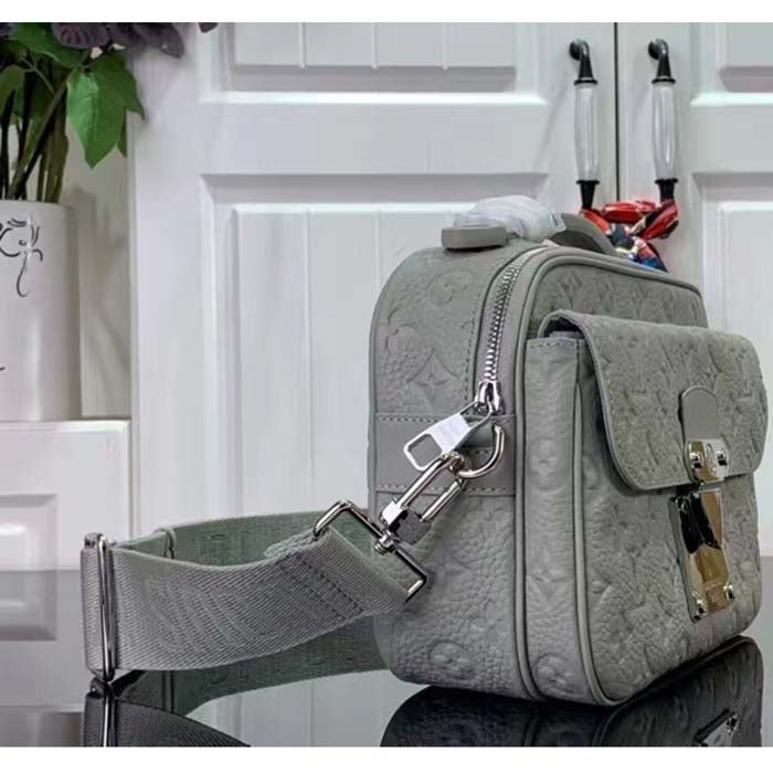 Louis Vuitton LV Unisex S Lock Messenger Mineral Gray Embossed Taurillon Monogram Cowhide Leather Handbag