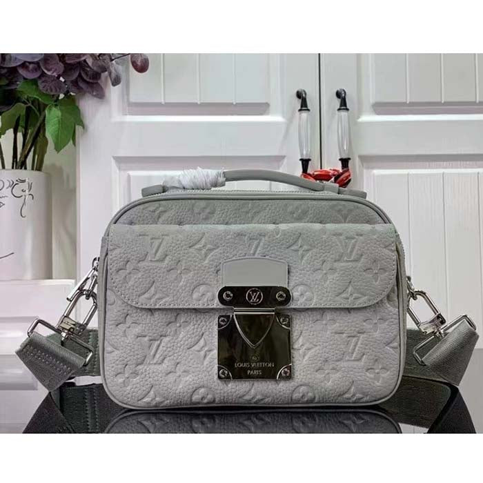 Louis Vuitton LV Unisex S Lock Messenger Mineral Gray Embossed Taurillon Monogram Cowhide Leather Handbag