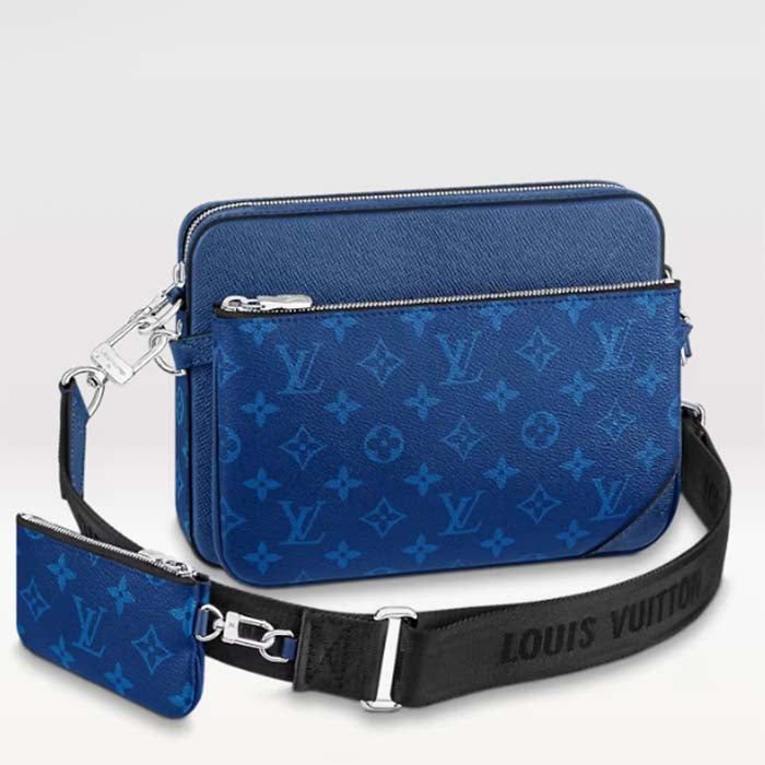Louis Vuitton LV Unisex Trio Messenger Cobalt Blue Monogram Coated Canvas Taiga Cowhide Leather Handbag