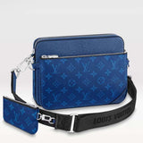 Louis Vuitton LV Unisex Trio Messenger Cobalt Blue Monogram Coated Canvas Taiga Cowhide Leather Handbag