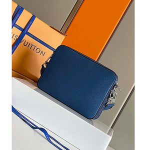 Louis Vuitton LV Unisex Trio Messenger Cobalt Blue Monogram Coated Canvas Taiga Cowhide Leather Handbag