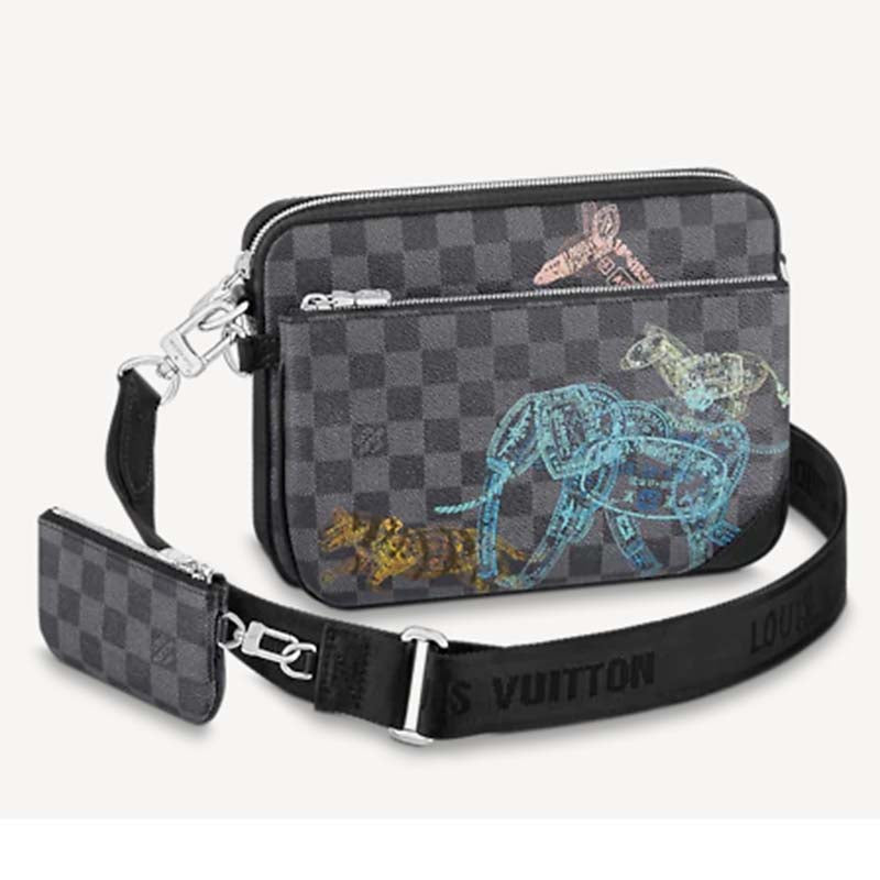 Louis Vuitton LV Unisex Trio Messenger Damier Graphite Coated Canvas Cowhide Leather Handbag