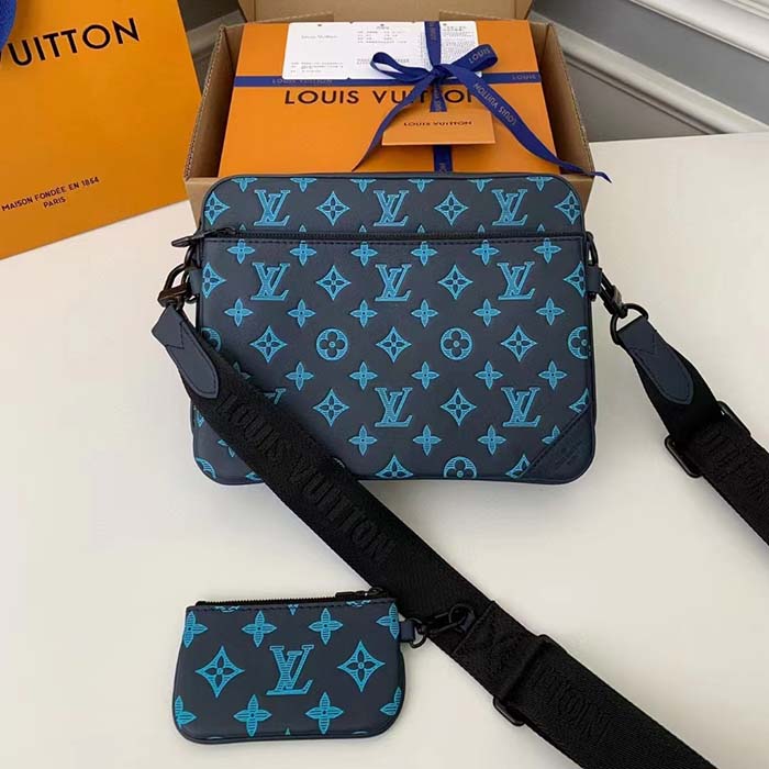 Louis Vuitton LV Unisex Trio Messenger Navy River Blue Calf Leather Textile Lining Handbag