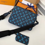 Louis Vuitton LV Unisex Trio Messenger Navy River Blue Calf Leather Textile Lining Handbag