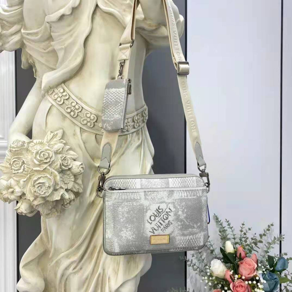 Louis Vuitton LV Unisex Trio Messenger Stone Gray Damier Salt Canvas Cowhide Leather Handbag
